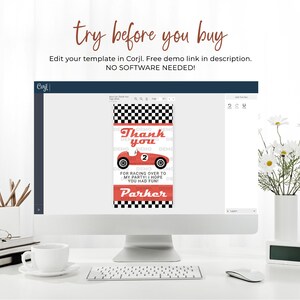 May include: A red and white thank you card with a chequered background and a cartoon race car. The text on the card reads "Thank you" and "Parker".