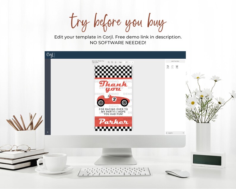 May include: A red and white thank you card with a chequered background and a cartoon race car. The text on the card reads "Thank you" and "Parker".