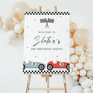 Rennauto-Party-Willkommensschild EDITIERBAR, zwei schnelles Geburtstagsparty-Zeichen zum Ausdrucken, Racing-Party-Dekor, blau-rotes Vintage-Retro-Auto-Willkommensplakat
