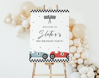 Race Car Party Welcome Sign EDITABLE, Two Fast Birthday Party Sign Printable, Racing Party Decor, Blue Red Vintage Retro Car Welcome Poster