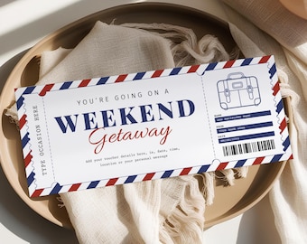 Weekend Getaway Gift Voucher EDITABLE, Surprise Weekend Away Ticket, Birthday Trip Travel Voucher, Printable Trip Away Gift Certificate WG22