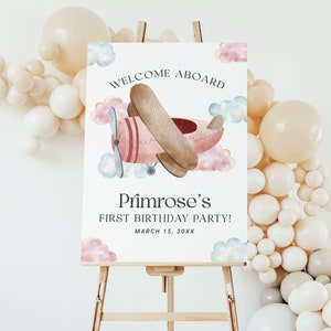 Placa de boas-vindas para festa de avião rosa EDITÁVEL, decoração para festa de primeiro aniversário de avião vintage para impressão, pôster para menina piloto, chá de bebê de viagem AP13