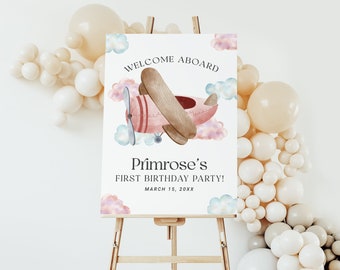 Pink Airplane Party Welcome Sign EDITABLE, Vintage Airplane First Birthday Party Decor Printable, Girl Pilot Poster, Aviation Party AP13