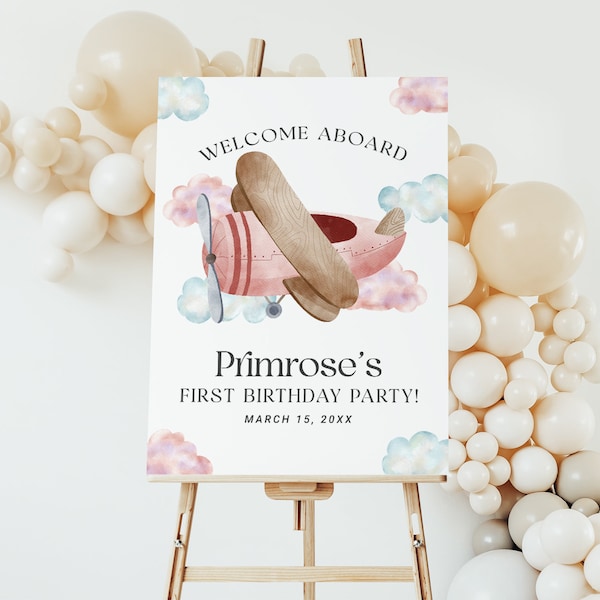 Pink Airplane Party Welcome Sign EDITABLE, Vintage Airplane First Birthday Party Decor Printable, Girl Pilot Poster, Aviation Party AP13