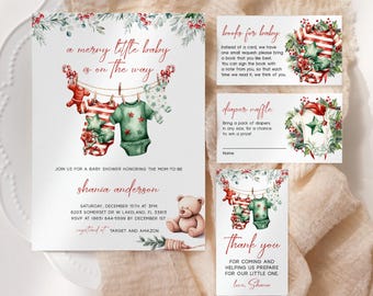 May include: A Christmas-themed baby shower invitation with a red and green color scheme. The invitation features a watercolor illustration of two baby onesies hanging on a clothesline with a teddy bear and greenery. The text reads "a merry little baby is on the way" and includes details for the shower, such as the date, time, and location. The invitation also includes a diaper raffle and a request for books instead of cards.