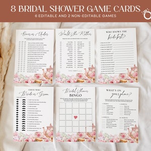 Pacote de jogos para chá de panela com tema floral EDITÁVEL, 8 cartas de jogo para chá da tarde em rosa blush para impressão, atividades para chá da tarde no jardim AT28