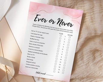 Juego de "Yo nunca" editable e imprimible para fiesta de cumpleaños de niña, color oro rosa, ideal para despedidas de soltera, romper el hielo o como tarjeta de juego.