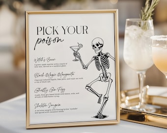 Menú de bar "Elige tu veneno" de Halloween (EDITABLE), plantilla de menú de cócteles con esqueletos, menú de bebidas para fiestas de Halloween, cóctel de autor de Halloween.