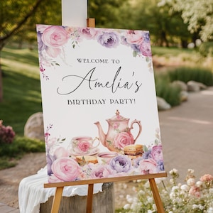 Floral Tea Party Welcome Sign EDITABLE, Pink Purple High Tea Welcome Poster, Afternoon Tea Garden Party, Baby Bridal Shower Birthday AT28