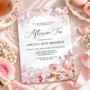 May include: A rectangular invitation card featuring pink floral illustrations at the top and bottom. The text reads: YOU ARE CORDIALLY INVITED TO AN ENCHANTING Afternoon Tea IN CELEBRATION OF AMELIA'S 18TH BIRTHDAY SATURDAY, APRIL 20TH AT 4:00 IN THE AFTERNOON.