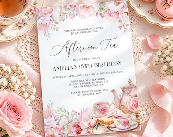 May include: A rectangular invitation card featuring pink floral illustrations at the top and bottom. The text reads: YOU ARE CORDIALLY INVITED TO AN ENCHANTING Afternoon Tea IN CELEBRATION OF AMELIA'S 18TH BIRTHDAY SATURDAY, APRIL 20TH AT 4:00 IN THE AFTERNOON.