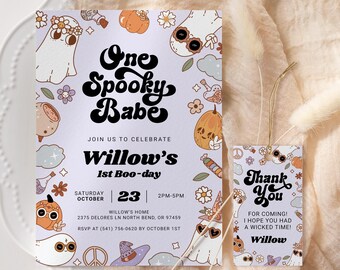 Eine gruselige Baby-Geburtstags-Einladung EDITIERBARE, Groovy Halloween-Einladung zum 1. Geburtstag, Hippie-Geist, druckbarer gruseliger erster Geburtstag SH13