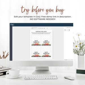 May include: A computer screen showing a printable food tent template for a party. The template features a red fire truck with the text "Hot Treats" on it. The template can be edited on the Corjl website.