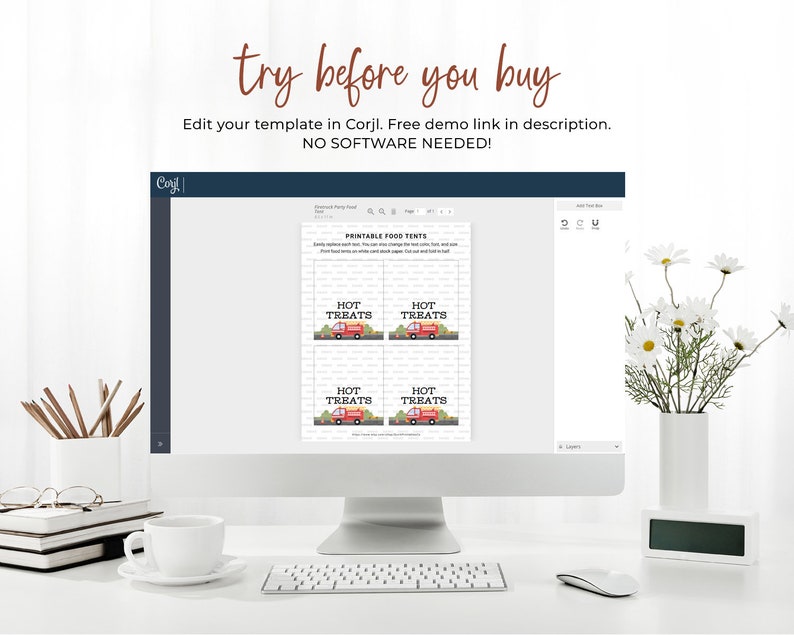 May include: A computer screen showing a printable food tent template for a party. The template features a red fire truck with the text "Hot Treats" on it. The template can be edited on the Corjl website.