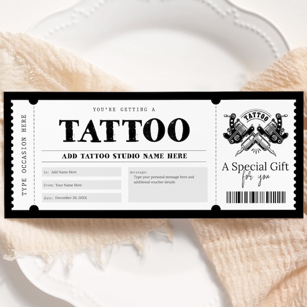 Tattoo Gift Voucher EDITABLE, Tattoo Gift Certificate Printable, Get Inked Gift Card, Tattoo Ticket Template, Tattoo Coupon, Any Occasion