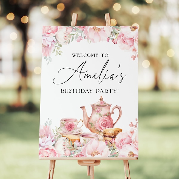 Floral Tea Party Welcome Sign EDITABLE, Blush Pink High Tea Welcome Poster, Afternoon Tea Garden Party, Baby Bridal Shower Birthday AT28