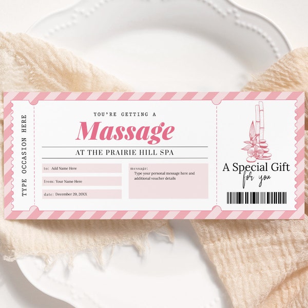 Massage Gift Voucher EDITABLE, Spa Day Certificate Printable, Spa Treatment Coupon, Ticket Template, Any Occasion, Instant Download