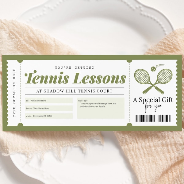 Tennis Lesson Certificate EDITABLE, Tennis Lesson Voucher Printable, Sports Gift Ticket, Tennis Coupon, Tennis Gift Card, Any Occasion