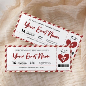 Valentines Event Ticket Bearbeitbare, druckbare Party Ticket-Vorlage, Admit One Ticket, Gefälschter Konzertpass, Custom Event Ticket-Einladung