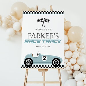 Race Car Welcome Sign EDITABLE, Two Fast Birthday Party Sign Printable, Racing Party Decor, Blue Vintage Retro Car Welcome Poster