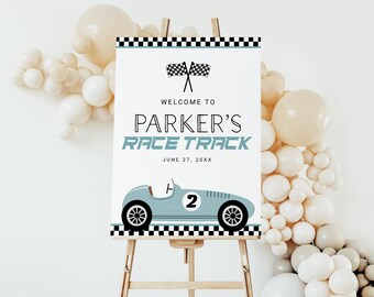 Race Car Welcome Sign EDITABLE, Two Fast Birthday Party Sign Printable, Racing Party Decor, Blue Vintage Retro Car Welcome Poster
