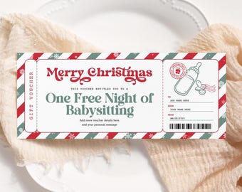 Kerstbon voor oppas BEWERKBAAR, oppasvoucher afdrukbaar, cadeaubon oppas, GRATIS kinderopvang, kerstcadeaukaart