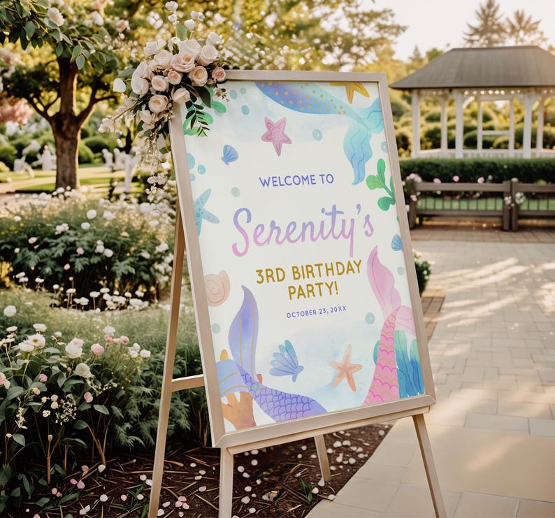 Mermaid Birthday Welcome Sign, Under the Sea Party Welcome Poster, Mermaid Party Decor (EDITABLE)