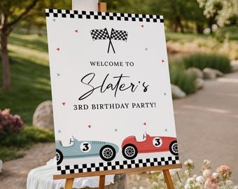 Race Car Party Welcome Sign EDITABLE, Two Fast Birthday Party Sign Printable, Racing Party Decor, Blue Red Vintage Retro Car Welcome Poster