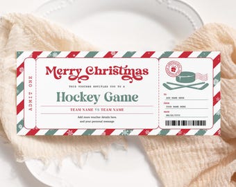 Hockey Christmas Gift Certificate EDITABLE, Printable Hockey Game Ticket, Holiday Ticket, Surprise Game Ticket Voucher, Christmas Gift Card