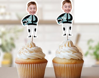 Race Car Driver Photo Cupcake Toppers, Face Cupcake Toppers, Personalized Blue Race Car Cupcake Toppers, Racing Birthday Party Decor