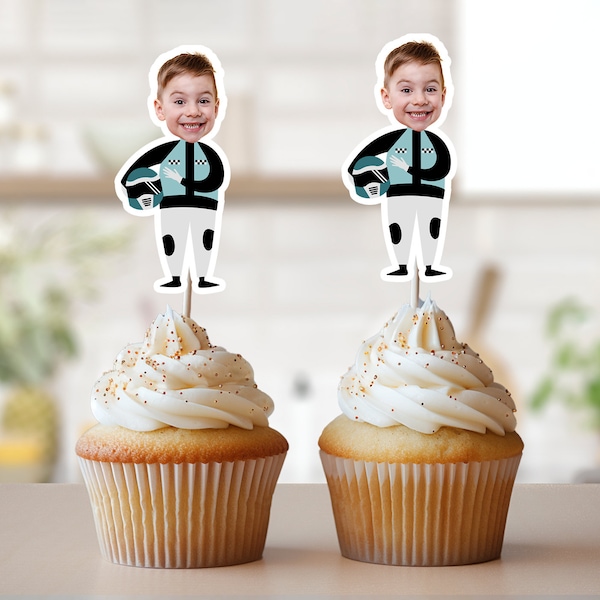Race Car Driver Photo Cupcake Toppers, Face Cupcake Toppers, Personalized Blue Race Car Cupcake Toppers, Racing Birthday Party Decor