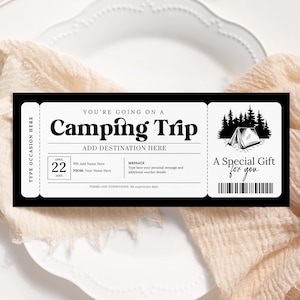 Camping Trip Voucher EDITIERBAR, Überraschungs Camping Trip Coupon druckbar, personalisierte Geschenkgutschein, Reisegeschenkkarte, jeden Anlass