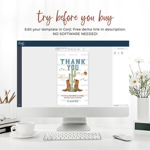 May include: A computer screen displaying a digital thank you card with a cactus and cowboy boots. The text on the card reads "Thank You" and "Calvin".