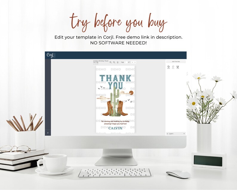 May include: A computer screen displaying a digital thank you card with a cactus and cowboy boots. The text on the card reads "Thank You" and "Calvin".