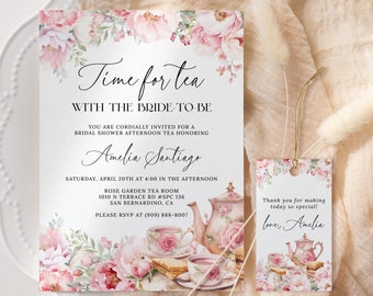 Time For Tea With The Bride To Be Invitation EDITABLE, Blush Pink Floral Tea Bridal Shower Invitation Printable, Afternoon Tea Party AT28
