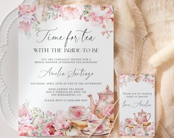 Time For Tea With The Bride To Be Invitation EDITABLE, Blush Pink Floral Tea Bridal Shower Invitation Printable, Afternoon Tea Party AT28