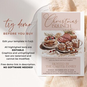 Pu&ograve; includere: Un invito digitale per un brunch di Natale, con illustrazioni ad acquerello di pancake, prosciutto, girelle alla cannella e cioccolata calda. L'invito include il testo "Christmas Brunch" e i dettagli dell'evento, ospitato dalla famiglia Carter.