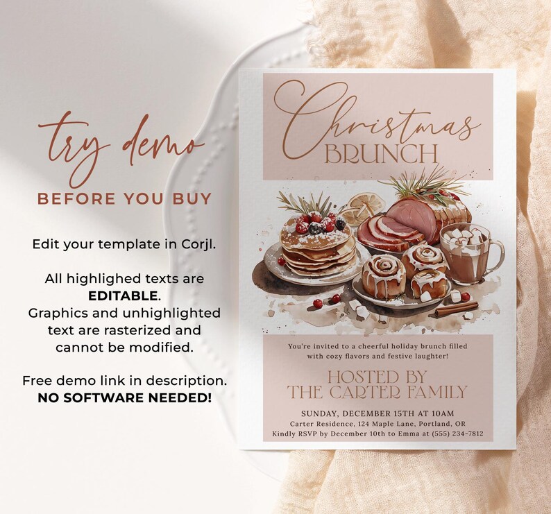 Pu&ograve; includere: Un invito digitale per un brunch di Natale, con illustrazioni ad acquerello di pancake, prosciutto, girelle alla cannella e cioccolata calda. L'invito include il testo "Christmas Brunch" e i dettagli dell'evento, ospitato dalla famiglia Carter.