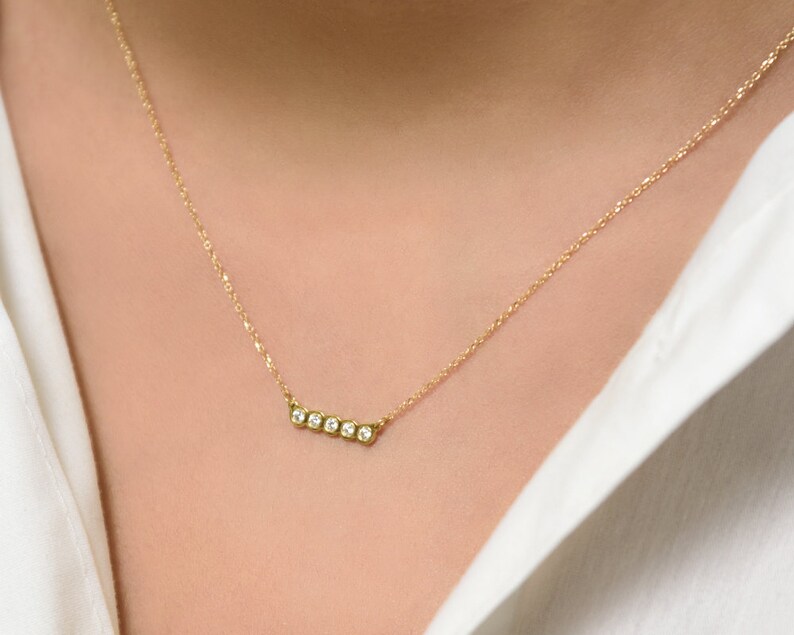 Diamond Bar Necklace 14k Solid Gold Five Bezel Set Diamond Etsy