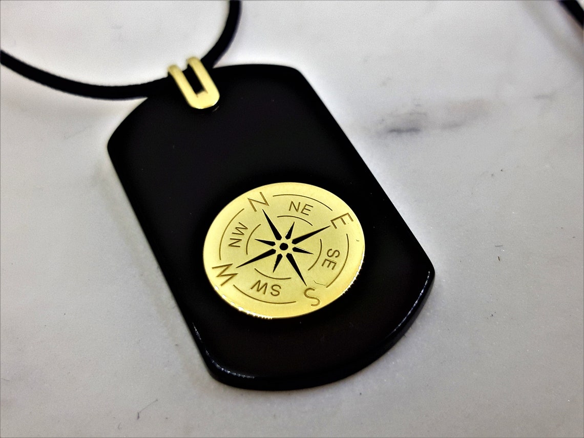Dog Tag Compass Necklace 14K Solid Gold North Star Compass Etsy