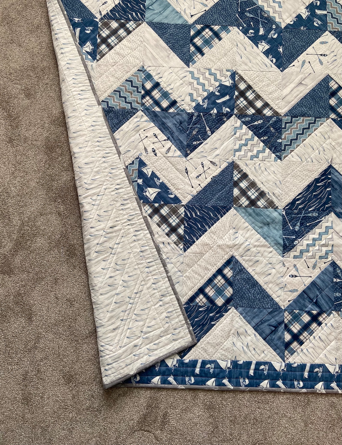 Handmade Day at the Lake Quilt, Lake Quilt, Throw Quilt, Chevron Quilt