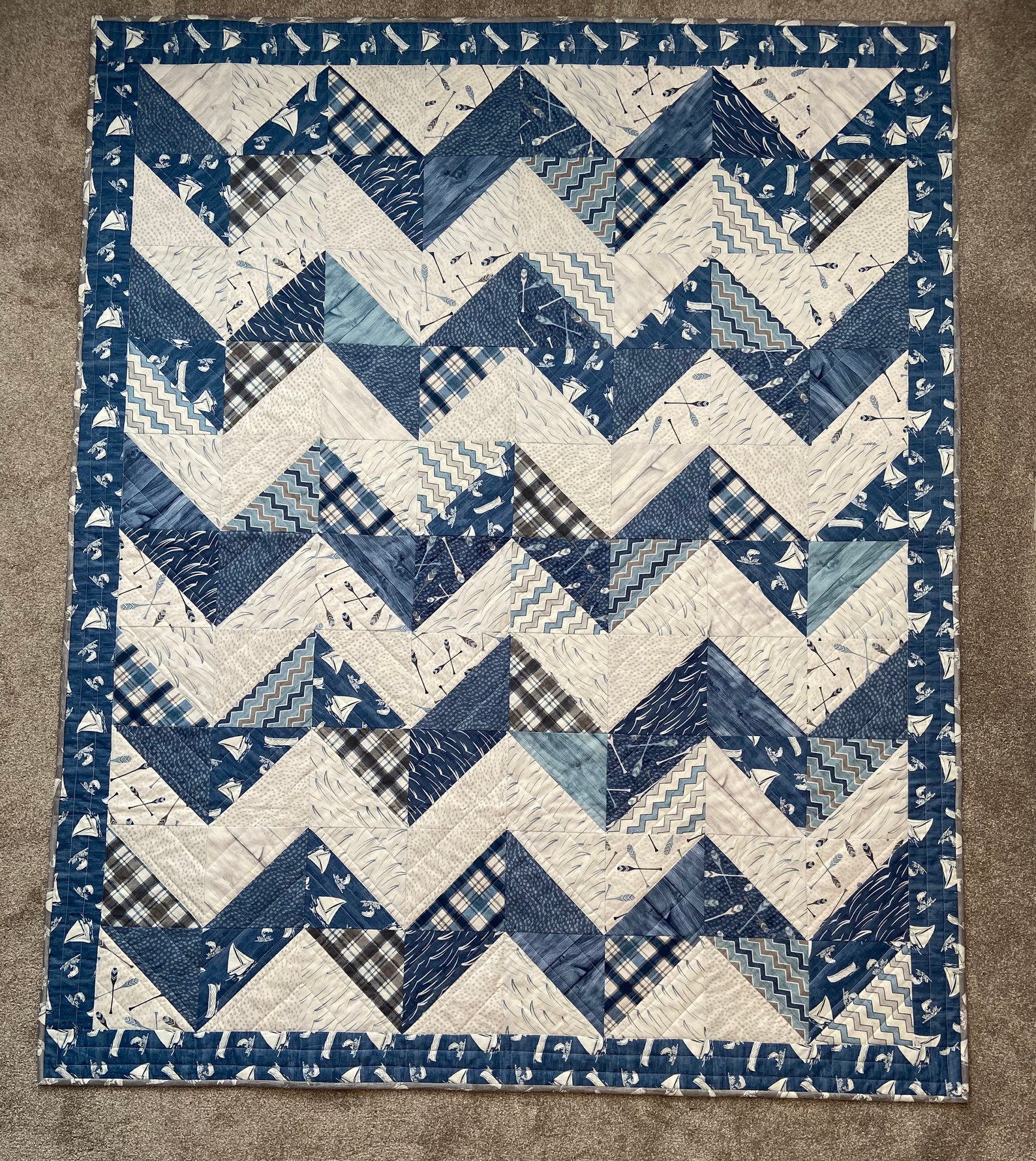 Handmade Day at the Lake Quilt, Lake Quilt, Throw Quilt, Chevron Quilt