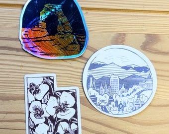 Utah sticker pack, Delicate Arch, downtown SLC, Utah sego lily, Southern Utah, Moab, red rock, holographic, waterproof, scratch proof