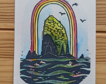 Cannon Beach, Haystack Rock, Oregon coast, Tillamook, Rockaway Beach, West Coast, OR, PNW, Pacific Northwest art, rainbow, Ocean