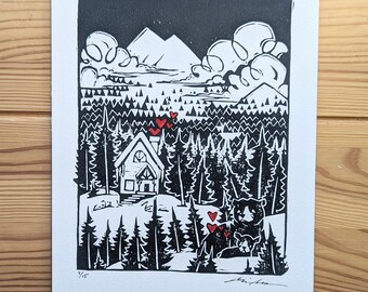 Home for the Holidays, PNW art, mountain cabin, momma bear, bear cub, rocky mountains, national park art, winter wonderland, Christmas