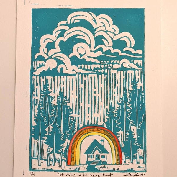 Es regnet viel hier aber wir sind trotzdem glücklich, pazifischer Nordwesten Kunst, Regenbogen, Washington, Oregon, Vancouver, England, Großbritannien, Kanada