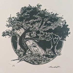 May include: Black and white woodcut print of a tree with a large trunk and branches, with a smaller tree in the background. The trees are in a circular frame with a moon-like shape in the center. The print is signed and dated "2020".