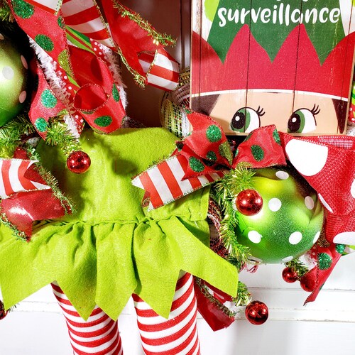 Christmas Elf Wreath, Porch Christmas Elf Decor, Holiday Whimsical Door Hanger, Holiday Swag Lime shops Green and Red, Elf Surveillance
