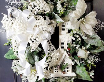 Winter White Rustic Church Poinsettia Wreath /  White Christmas Door Hanger /  Elegant Winter Decor / Winter Wedding Wreath