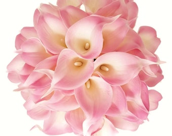 Ramo de 18 flores de lirio de cala rosa ruborizado (35 cm) de látex sintético.